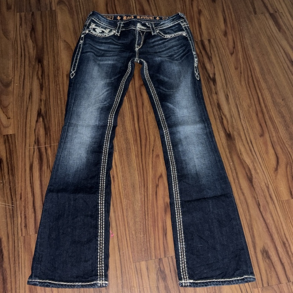 Rock Revival Women's Dark Indigo Boot Cut Jeans with White Embroidery - Picture 3 of 3